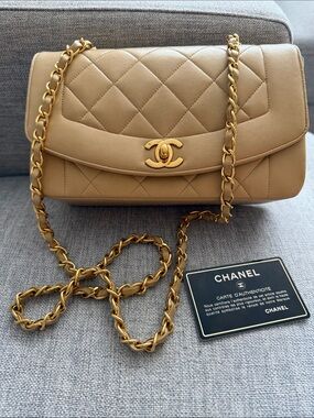 CHANEL Small Diana Quilted Lambskin Shoulder Bag in Beige with Gold Hardware